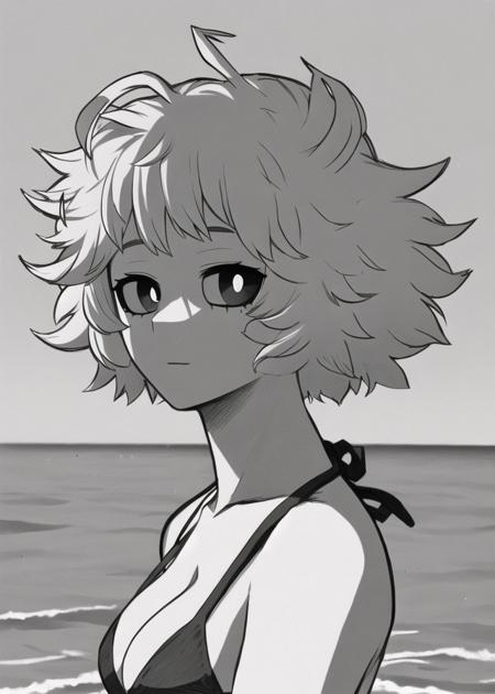 ((horikoshi)), a beautiful and detailed monochrome ((portrait)) of a Mina Ashido, black sclera with white pupils, antennae,pencil sketch, black and white, cel shading, beach,ocean, clouds, bikini, 
 <lora:horikoshi nai:1>