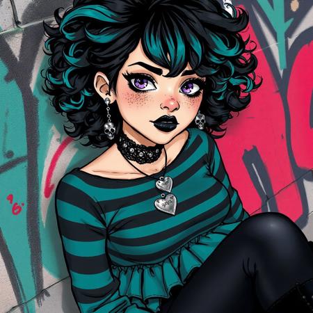 This image is a digital comic-style drawing of a young woman embodying a playfully rebellious aesthetic. She has thick curly black hair with vibrant teal streaks, styled in a tousled, voluminous manner. Her large, expressive amethyst eyes are accentuated with thick black cat-eye eyeliner and mascara with black lipstick. She is skinny but toned with small breasts and a small bubble but, pale skin and freckles, a youthful face with full lips. She has a small scar above her right eyebrow Her outfit is a gothic punk ensemble inspired by the 1980s London scene. She wears a teal and black striped long-sleeved top that covers her entire torso, with a black lace choker with a heart pendant made of tarnished silver. Her teal mini skirt features a ruffled hem with solid black leggings underneath, giving her outfit a playful yet rebellious vibe. She accessorizes with black high-heeled knee boots with a platform sole and buckles, a silver septum nose ring, and dangling silver earrings in the shape of skulls. She is leaning against a graffiti wall.