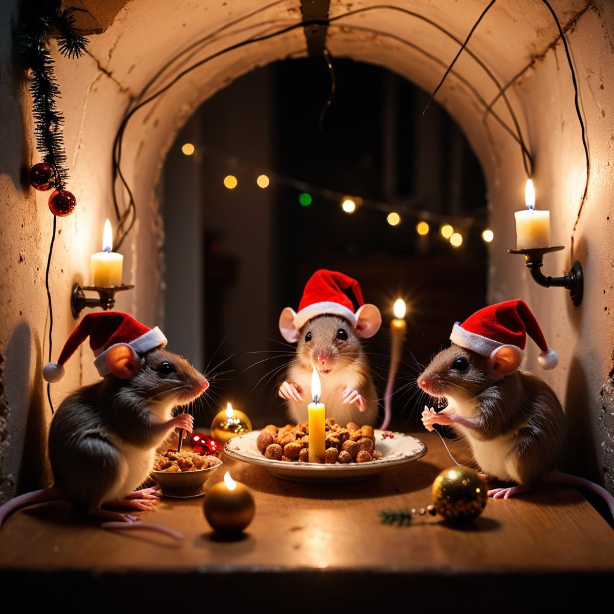 Three mice wearing Santa hats and eating nuts from a plate.