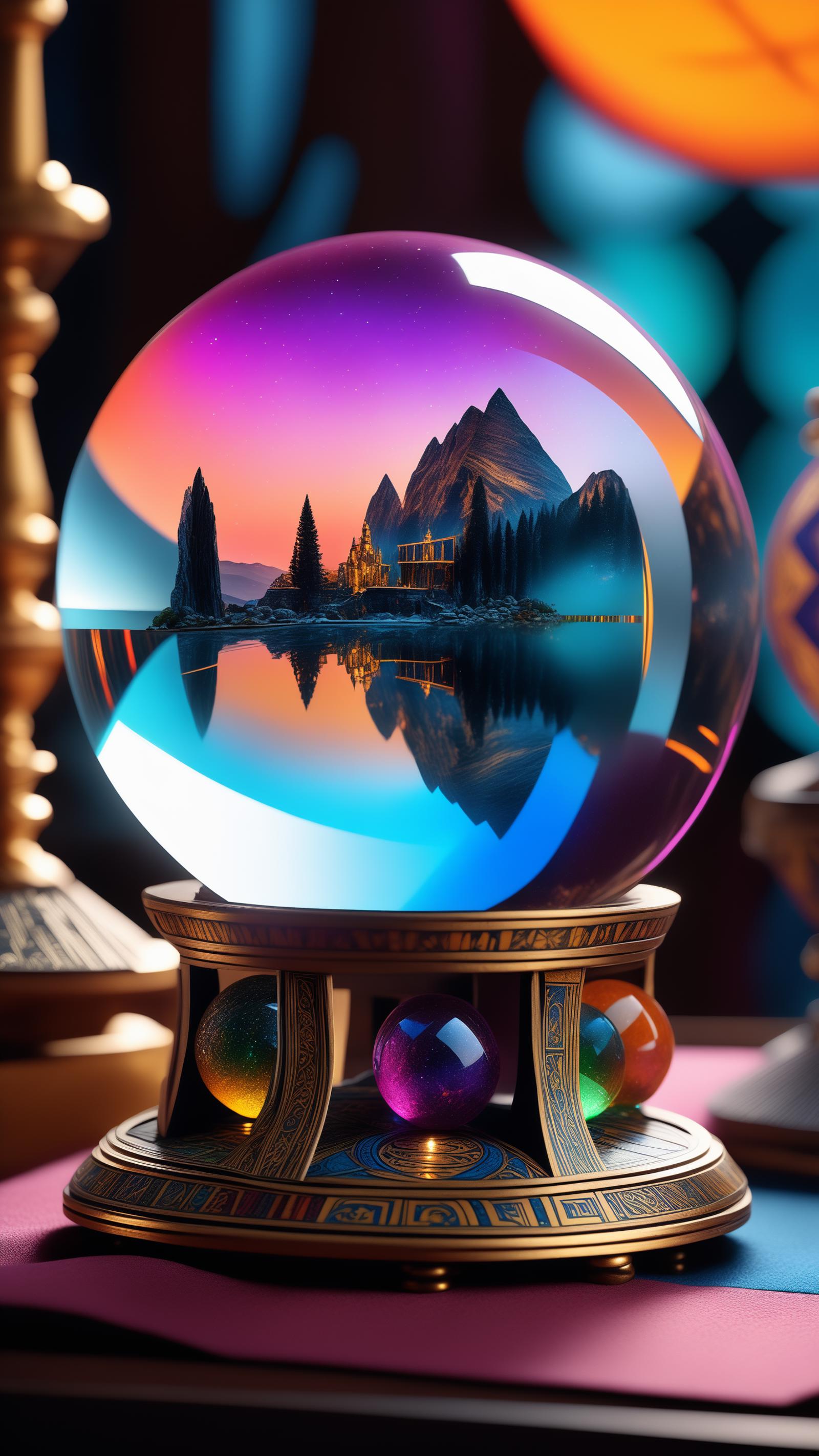 A purple and blue globe with a mountain village scene reflected in the water.