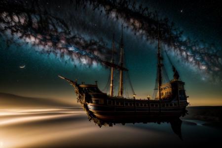 (absurdres, highres, ultra detailed), realistic style, 8k, exposure blend, medium shot, bokeh, high contrast,  low saturation,  3d render, cgi, symetrical, octane render, 35mm,  
 detailed background, milky way, nebula, moon, sun,  silver star constellations in background, backlighting,  ethereal atmosphere, extremely detailed CG unity 8k wallpaper, intricate details, (style-swirlmagic:1.0),   detailed background, close up,  detailed face, (gothic dark ages theme:1.1),  floating in the air, glowing magical shards, surrounded by blue magical crystals,  rock formations, stalactites,  magical floating particles, crystal glass,  crystal sphere, crystal canyon background, (shallow water:0.7),  epic ethereal atmosphere,   updraft, flying ship