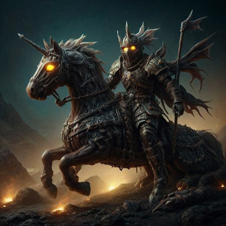 candy, armored knight made of candy riding a mechanical horse, glowing eyes, candy armor, dark background, eerie atmosphere, gothic, grimdark, fantasy art, medieval, detailed armor, eerie glow, full armor, helmet with glowing eyes, cape, rocky ground, fantasy creature, horror theme, fantasy setting, high contrast, detailed textures, ominous, dark tones, realistic lighting, haunting, eerie glow, medieval fantasy, gothic style, detailed rendering, fantasy character, dark ambiance, eerie environment, fantasy creature, armored knight, glowing eyes, riding horse, knight over horse