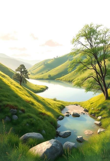 An idyllic outdoor setting unfolds in a panoramic digital watercolor scene—verdant hillsides and tranquil ponds nestled within a serene valley. Soft clouds drift in a faded sky, painted in layered washes of ivory and blush. The waters are glassy and still, bordered by rounded stones and lush, textured vegetation. Every tree and blade of grass is outlined with delicate ink strokes, their interiors filled with subtle gradients and vibrant color washes. The scene evokes peaceful solitude, enhanced by warm sunlight filtering gently across the land. Shadows are soft and understated, giving depth without tension. Emotion radiates through the restrained, poetic palette and gently flowing lines. This high-resolution digital painting is crafted with artistic clarity, portraying a landscape not only seen but felt through stillness, quiet color, and peaceful composition.