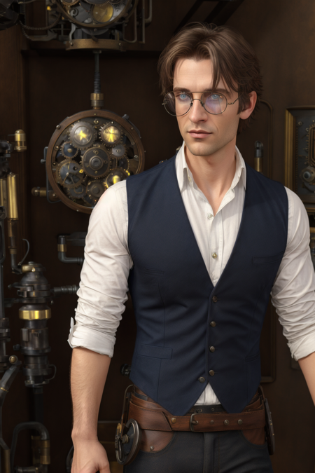 <lora:SimonPetrikov-000009:0.5> Simon Petrikov, solo, short hair, blue eyes, brown hair, shirt, 1boy, white shirt, upper body, male focus, parted lips, glasses, (antique steampunk round glasses), indoors, vest, lips, sunglasses, sleeves rolled up, black vest, realistic