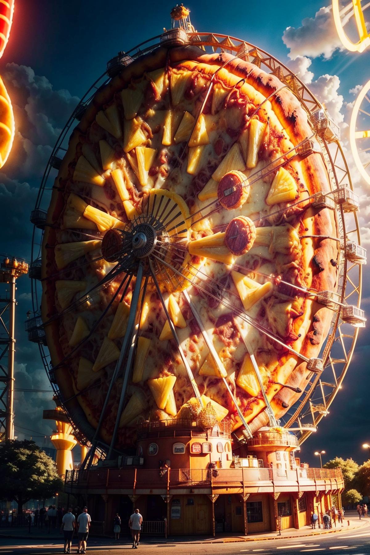 A Ferris Wheel of Pizza Slices with Cloudy Sky Background