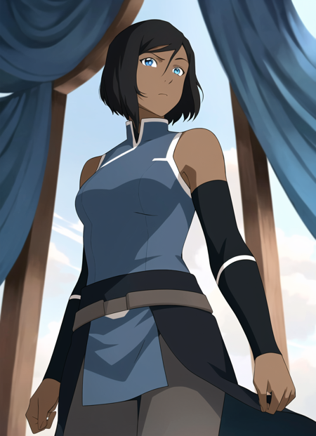 the legend of korra, masterpiece, best quality, 1girl, solo, dark skin, dark-skinned female, black hair, bare shoulders, blue eyes, short hair, looking at viewer,  <lora:the_legend_of_korra_offset:1>