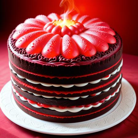 high quality, masterpiece, depth of field, hyperrealistic, Intricate Design, steaming,
red velvet layered cake made out of bread, bread crust, sugar coated, red glowing filling, red theme.
