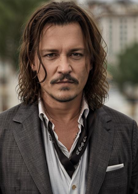 johdpe1, solo, looking at viewer, brown hair, shirt, 1boy, jacket, white shirt, upper body, male focus, collared shirt, blurry, black jacket, depth of field, blurry background, facial hair, formal, suit, beard, realistic, mustache, stubble