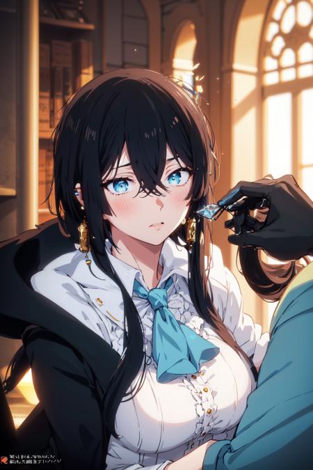 (finely detailed beautiful eyes: 1.2), (detailed background,dark fantasy), (beautiful detailed face), high contrast, (best illumination, an extremely delicate and beautiful), ((cinematic light)), colorful, hyper detail, dramatic light, intricate details, (<lora:vanitas-02:0.8>, gloves, hair between eyes, jewelry, male focus, earrings, coat, ascot white ascot), swirling black light around the character, depth of field,black light particles,(broken glass), ((1girl, black hair, women, large breast, blushing, makeup, eyes liner))