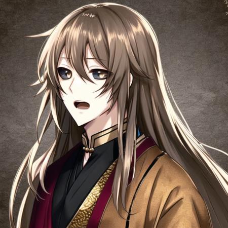 <lora:black_sclera3:1.0> , black_sclera, colored sclera, 1boy, artist name, brown hair, japanese clothes, long hair, male focus, open mouth, sarashi, seigaiha, solo, upper body