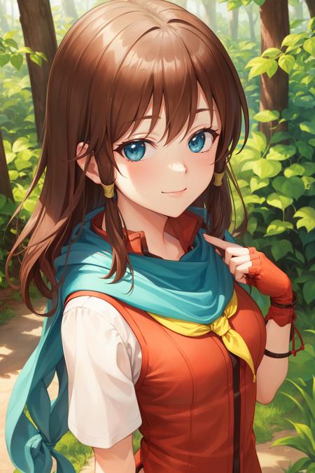 masterpiece, best quality, feMist, white scarf, orange vest, yellow dress, fingerless gloves, upper body, forest, looking at viewer, from above, smile, closed mouth <lora:mist-nvwls-v2-000012:0.9>