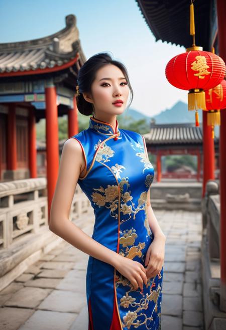 a stunningly beautiful Asian woman wearing a vibrant blue Cheongsam adorned with golden accents, set amidst the breathtaking backdrop of ancient Chinese architecture, with a majestic red lantern glowing beside her, capturing her serene and elegant features in exquisite detail.