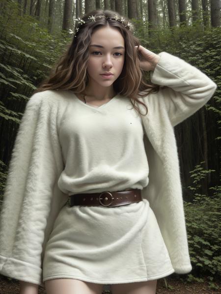 (8k, best quality, masterpiece),(best quality), (ultra highres), action pose, a beautiful woman <lora:AnnaelliV4:1.0> , detailed iris, chestnut hair, full body portrait, wearing white robes with leather belt, star wars, forest endor background, modelshoot style, intricate, elegant, skin details, realism, (hyperrealism), (cinematic), (hyperdetailed), hdr