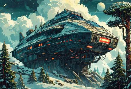 book cover, Retro futuristic Image, a huge spaceship (long abandoned) in a fir tree forest, half buried, sharp, high detailed, realistic,