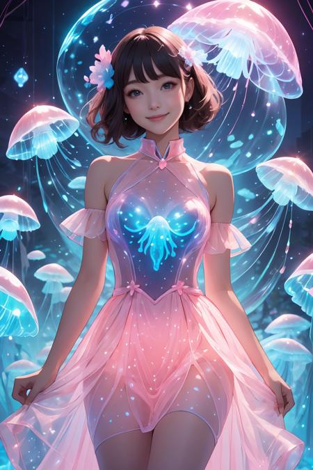 breathtaking 8k,masterpiece,adorable chibi jellyfish girl,pink bioluminescent dress,<lora:bioluminescent_dress-1.0:0.8>,short dress,wide skirt,cute,big smile,<lora:GoodHands-beta2:1>,