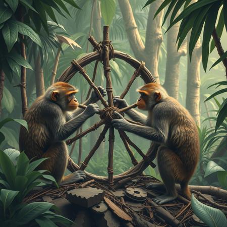 two monkeys working to build a wheel from woden in the tropical jungle