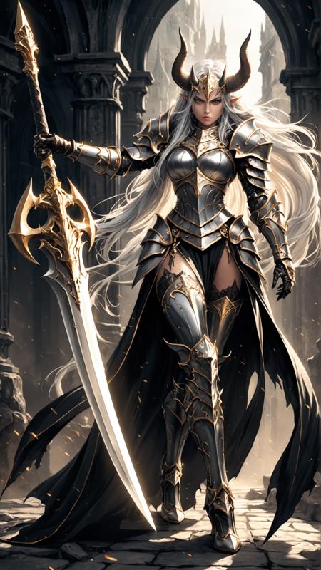 A fierce female warrior in dark fantasy armor: intricate horned helmet, metallic armor with gold details, wielding a massive sword, long flowing silver hair, intense gaze, powerful stance, dramatic lighting, highly detailed textures, fantasy illustration, epic