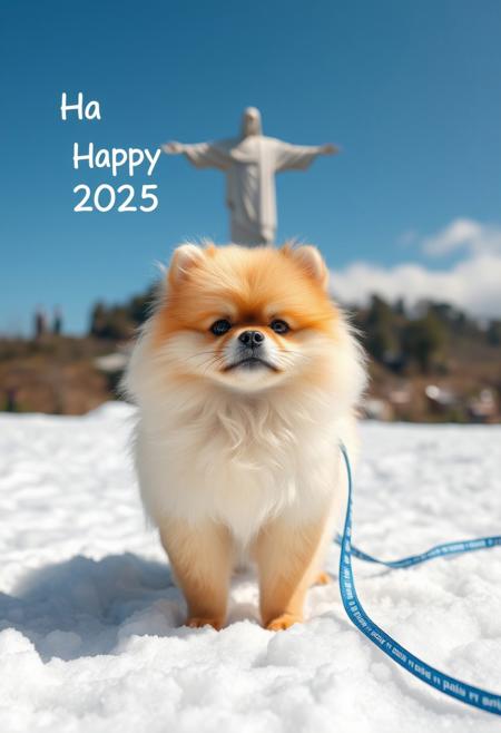 The image is a high-resolution photograph showing a small Pomeranian dog standing in the snow. The Pomeranian, with its fluffy, light tan coat, has a prominent white patch around its neck and chest, giving it a distinctive appearance. Bubble says "Happy 2025"
In the background, the snowy field... To the right of the dog, a blue and white leash lies on the ground, indicating that the Pomeranian might be outdoors with its owner. The overall atmosphere of the photograph is bright and lively, with Christ the Redeemer, an iconic image of Brazil, in the background.