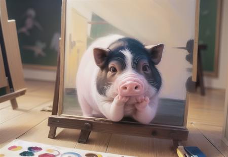 A genius pig at an art workshop, creating a masterpiece with a brush in front of an easel. The canvas showcases exaggerated and amusing pig figures, surrounded by a vibrant palette of colors and artistic supplies. The scene captivates onlookers as the pig swiftly brings stunning artworks to life,best quality,<lora:bamaxiangzhu:1>,