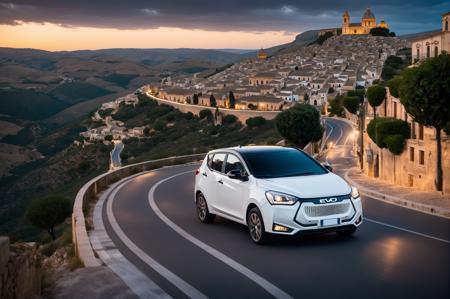 cinematic photo RAW photo, main focus distant white evo car, high angle shot,  dynamic view, driving down a country road in a ragusa scenery with a cityscape and a cathedral afar, dramatic sky, golden hour, volumetric lights, cinematic, mist realistic, 8k uhd, dslr, cinematic lighting, high quality, film grain, Fujifilm XT3
<lora:evo_ragusa_SDXL-LoRA-v085:1> . 35mm photograph, film, bokeh, professional, 4k, highly detailed