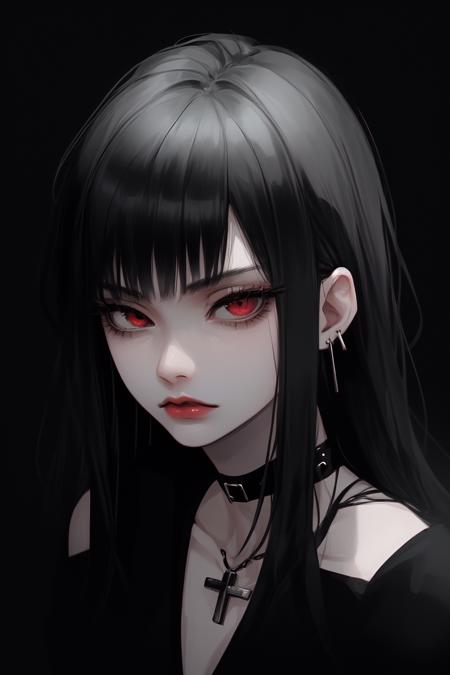 goth girl woman, pale skin, red lips,  japanese bang, high quality, red eyes, simple background, dark background, serious look,  black clothes, choker, detailed face, detailed eyes, black hair, eyelashes, earrings, portrait,   <lora:Goth_girl_R-v1:0.8>