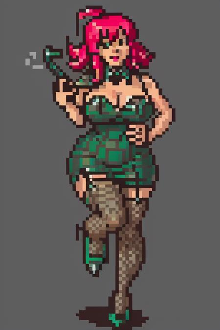 <lora:SNES Earthbound Enemies V11-000008:1.0>,Earthbound_enemy, neutral grey background, pixelart, drop shadow, 1girl, hooker, fishnet stockings, cleavage, large breasts, seductive demeanor