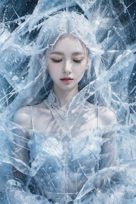 (Masterpiece, high quality, best quality, official art, beauty and aesthetics:1.2),ice and water,(ice:1.4),ice cone,ice circle,1girl,solo,Ice wraps around the girl (lingering:1.2),(white chinese clothes:0.8),space,((extremely detailed ink background)),((flat color)),{{ink splashing}},frost nova,ice ring,a bit like circular magic,facing camera,<lora:ice cake_20231126200433-000018:0.7>,extremely detailed 8K wallpaper,(an extremely delicate and beautiful),intricate detail,exquisite eyes,<lora:lolita_æ´ä¸½å¡ è£å­_æ¬¾å¼1:0.3:lbw=1,1,0,0,0,1,1,1,1,1,1,1,1,1,1,1,1>,sky,ice bound,ice cake,closed eyes,ice cracks,