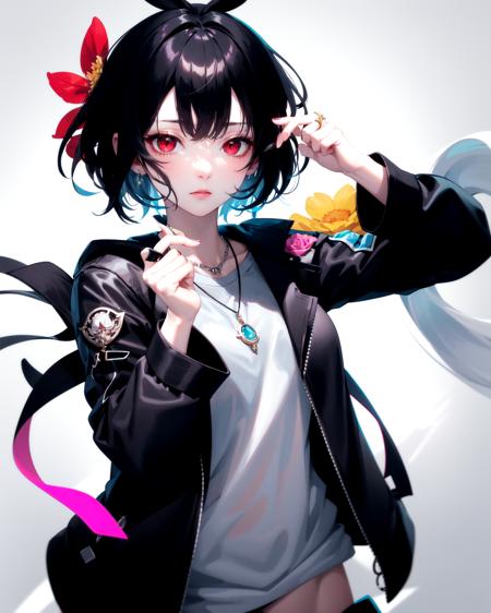 1girl,red eyes,black hair,short hair,hair ornament,looking at viewer,solo,necklace,upper body,jacket,hair flower,jewelry,black jacket,closed mouth,aiming at viewer,long sleeves,flower,oval face,plump,glamor,