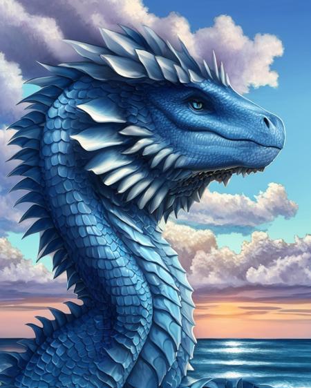 portrait painting of an adult blue dragon, extra detailed scales, frilled neck, ocean with fluffy clouds at sunrise in the background