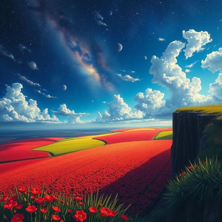 Vibrant fields, extremely detailed sky, from high cliff, starry sky, dark night, clear view, bright rerd flower fields, beautiful fields, very bright, anime landscape, (upper half:), busy clouds, red clouds, the storm is brewing, 8k wallpaper, romantic, perfect quality, absurdres, highly detailed, vibrant, beautiful oil matte painting