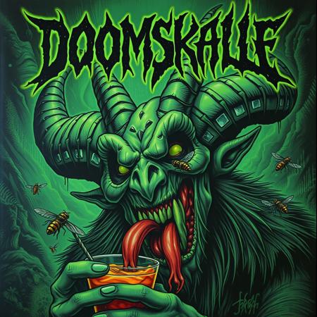 Grotesque, chaotic Stoner Doom metal album cover featuring a illegible death metal logo in the top spelling DOOMSKALLE, directly under it a eerie closeup of Baphomet's face, inspired by the dark, cartoonish style of Derek Riggs and the eerie, supernatural atmosphere of Zdzisław Beksiński. Baphomet's drooling face is contorted in a mixture of ecstasy and admiration as he cradles a delicious umbrella drink attracting disgusting flies. The green color scheme is reminiscent of decay and rot, with death metal vibes and a hint of grime and filth, evoking the style of brutal, old-school death metal album covers, similar to those created by artist Chris Reifert, with a dash of the dark, unsettling aesthetic of Ed Repka, color overlay, green glow, ghastly and frightening, low contrast