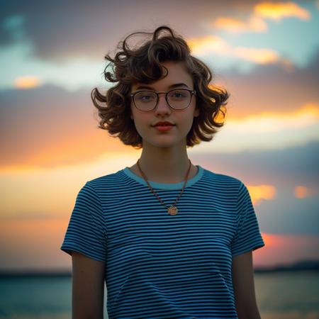 feminine, photograph, realistic, detailed, (small_breasts, perky_breasts, necklace, glasses, thick,
(20yo, nsfw, 1girl, pubic hair, short wavy hair, pretty, rouge,:1.4), sensual, exotic, mesmerizing, evocative, entrancing, artless, young, fresh, solo, (style of Henry Scott Tuke), (style of Anthony Thieme), (style of Gil Elvgren), :1.1), 
(1girl, solo, upper_body, sunset, evening, sky, from_side, gradient_sky,  twilight, nose, dusk, backlighting, blurry_background,  orange_sky, cloud, depth_of_field, sunlight, day, blue_sky, gradient_background, portrait, striped tshirt, tucked_in:1.0)