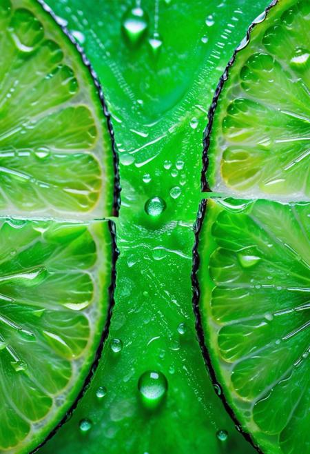 Stunning close-up photograph of a vibrant lime slice, showcasing the beauty of the fruit's green flesh and the allure of its glistening water droplets. The image captures the essence of the lime in breathtaking detail, highlighting its refreshing and organic nature. The photograph is a work of art in itself, with a rich green color palette and a stunning display of liquid textures that create a sense of movement and energy. This photorealistic image invites viewers to appreciate the simple beauty of the lime and the artistry of macro photography.