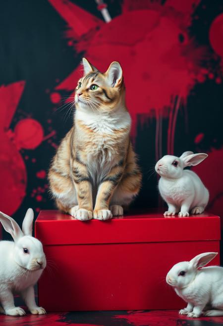 (Soft Lighting Photography by Mimoza Veliu and Mario Giacomelli:1.2), NSFW, A vibrant and colorful photo of a cat sitting on a red box, surrounded by two white rabbits. the cat is looking off to the side with a contemplative expression. the background is a mix of red and black, with abstract shapes and patterns. on the right side of the image, a small white rabbit is sitting on the box, looking up at the cat