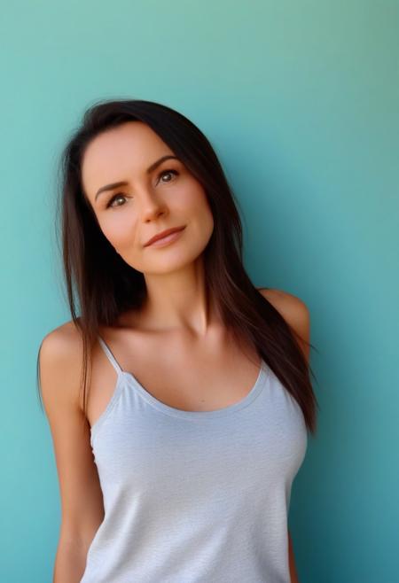 A realistic portrait of a young woman with long, dark brown hair, slightly tousled and cascading over her shoulders. She has a relaxed and slightly tilted pose, gazing past the camera with a soft, thoughtful expression. Her makeup is minimal, emphasizing natural beauty with a hint of dark eyeliner. She wears a light gray tank top with thin straps that subtly highlight her collarbone and shoulders. The background is softly blurred with a light teal wall, suggesting an indoor setting. Lighting is soft and natural, creating a gentle contrast that adds depth to her features while casting subtle shadows. The image is framed from the shoulders up, with the focus on her face and upper body, capturing a casual and introspective mood.
realistic, dankw, glasses