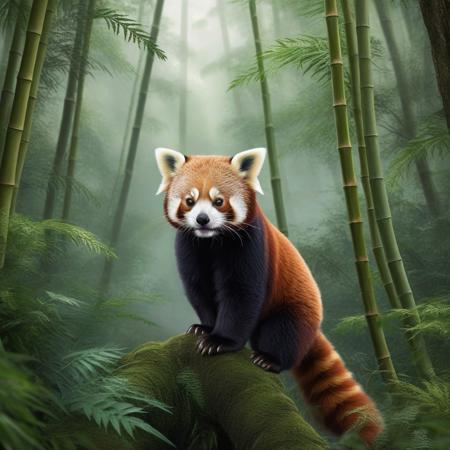 The image is a digital illustration of a mysterious and strange scene in a forest. The focal point of the image is close-up a red panda perched high in the trees in the middle of the frame. The undergrowth is made up of bamboo. The background is filled with tall trees and ferns, creating a canopy of dense greenery. in the distance Himalayan mountain range