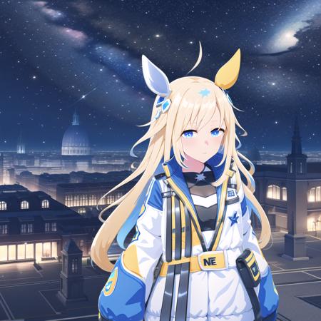 high quality, best quality, masterpiece, absurdres, neo universe, shobofuku, 1girl,  <lora:universe-000010:0.85>, solo, rooftop, night, night_sky, starry_sky, galaxy