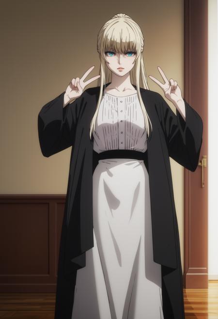 phanora kristoffel,  ponytail, blonde hair, blue eyes, pale skin white dress, black overcoat