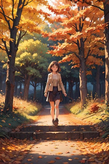 (masterpiece, best quality), 1girl, Cozy Autumn themed Walk, nature walk, Autumn day, flora, beautiful lighting, Autumn colors, Autumn elements, <lora:add_detail:0.8>