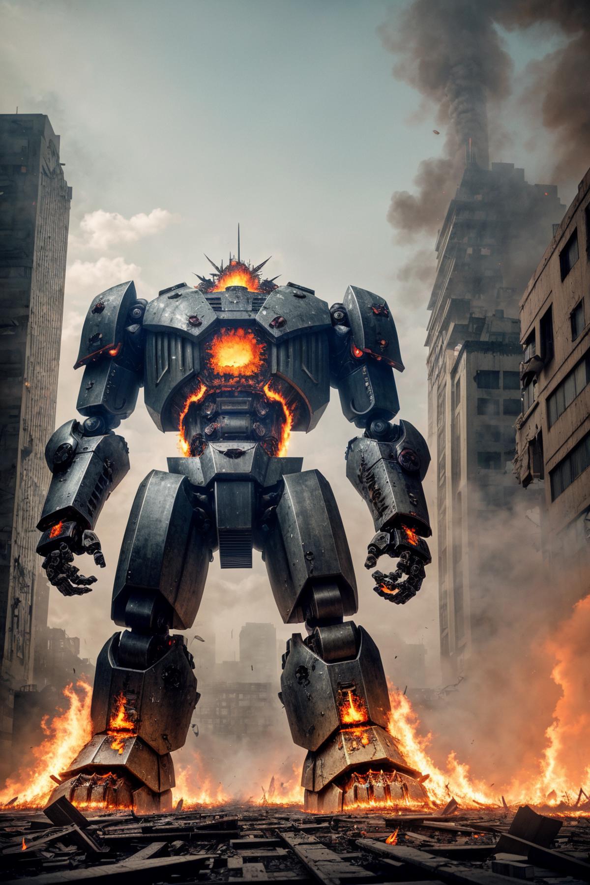 Giant Robot with Fire Explosions in a City, Standing Tall with Smoke and Flames