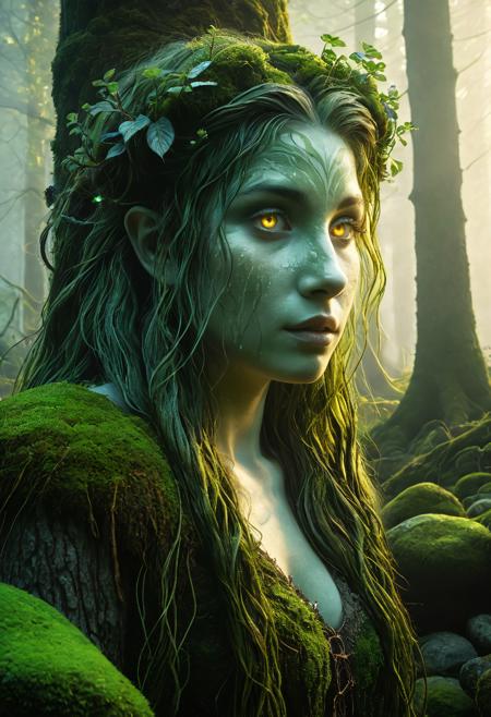 Dryad, forest spirit, bark-covered skin, glowing eyes, moss-covered stones, vines as hair, early morning light, soft mist in the air, magical clearing, lush vegetation, ambient fog, enchanted forest, high detail, masterpiece, best quality, cinematic lighting, soft glow, ethereal atmosphere, subtle color palette, realistic textures