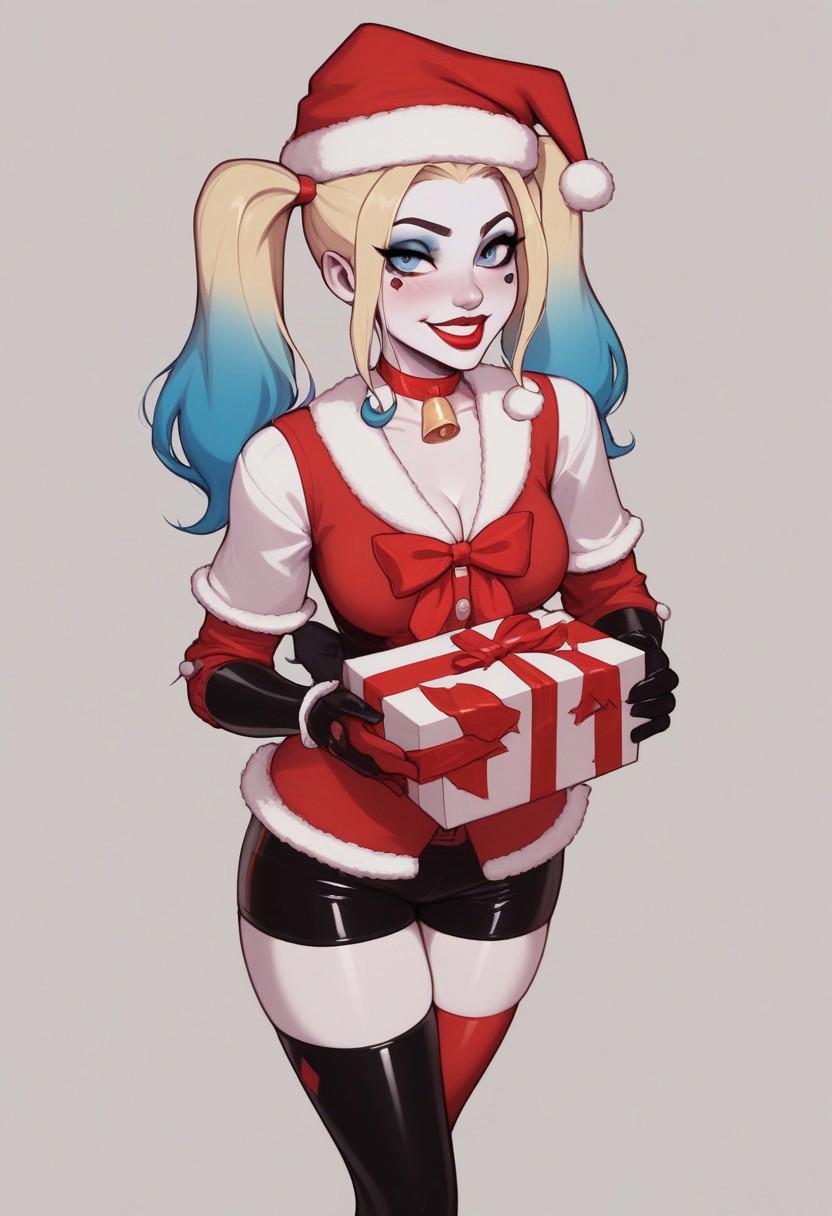 score_9, score_8_up, score_7_up, score_6_up,An alluring and festive character resembling Harley Quinn is depicted in a sexy Christmas-themed outfit. She has pale white skin with playful makeup, her eyes sparkling with a mischievous smile. Her dual-colored pigtails are half-pink and half-blue, and she's wearing a classic red Santa hat with white fur trim. A bright red ribbon is wrapped around her body like a present, with a large bow placed provocatively at the center of her chest.
Her gloves are shiny red and black latex, adorned with the signature diamond pattern of her Harley Quinn persona. She teases her hair with one hand, playfully pulling at her pigtails. Around her neck is her iconic 'Puddin' choker, and she stands confidently, exuding a seductive, cheeky energy. The background is simple and white, keeping all attention on her bold and festive attire."