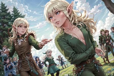 <lora:style_elfquest-37:0.5> eqstyle, elf, multiple elves, clothing variety, pointy ears, forest, blue sky, dynamic pose, high contrast, sharp focus, masterpiece, best quality, highly detailed, HDR, highest quality, highres, sharp focus, 8k, 16k, skin pores, dynamic lights, realistic shadows, best shading, award winning masterpiece