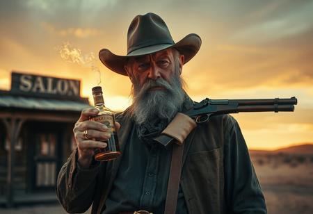 cinematographic scene, ultra-realistic image, full-length elderly cowboy with gray hair and beard, holding a bottle of whiskey in one hand, with the other hand holding a gun and resting it on his shoulder, smoke coming from the barrel of the gun, saloon in the background, sunset light, desert, western atmosphere
