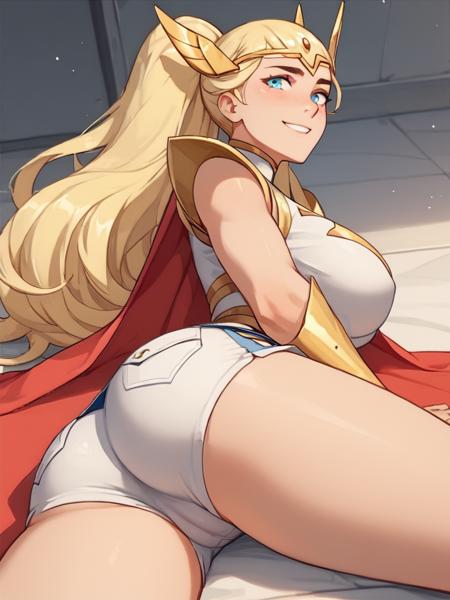 sh3r4, long hair, solo, blonde hair, blue eyes, armor, 1girl, cape, looking at viewer, ponytail, smile, red cape, shorts, skirt