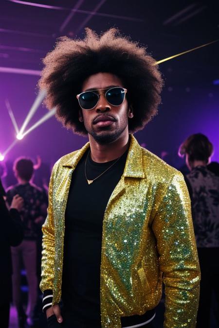 raw photo, upper body, disco, (80s, retro:1.1), dance floor, lasers, rainbow theme, a dancer man, 30 years old, sunglasses, big afro, (manly, wide jaw:1.2), dark skin, sparkly jacket, golden shirt, (vibrant colors:0.9),  (muted colors,cinematic, dim colors, soothing tones)