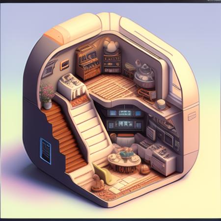 a photo of the nice Isometric_Dreams, a computer generated image of a sci - fi setting with stairs and a kitchen area with a staircase leading to the upper floor