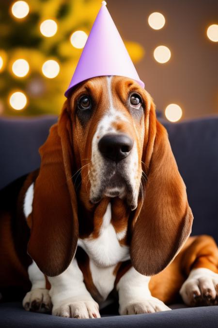 photorealistic, basset <lora:basset:1>, sitting on the sofa celebrating his birthday, with his birthday cone hat on, flashes, bokeh effect,