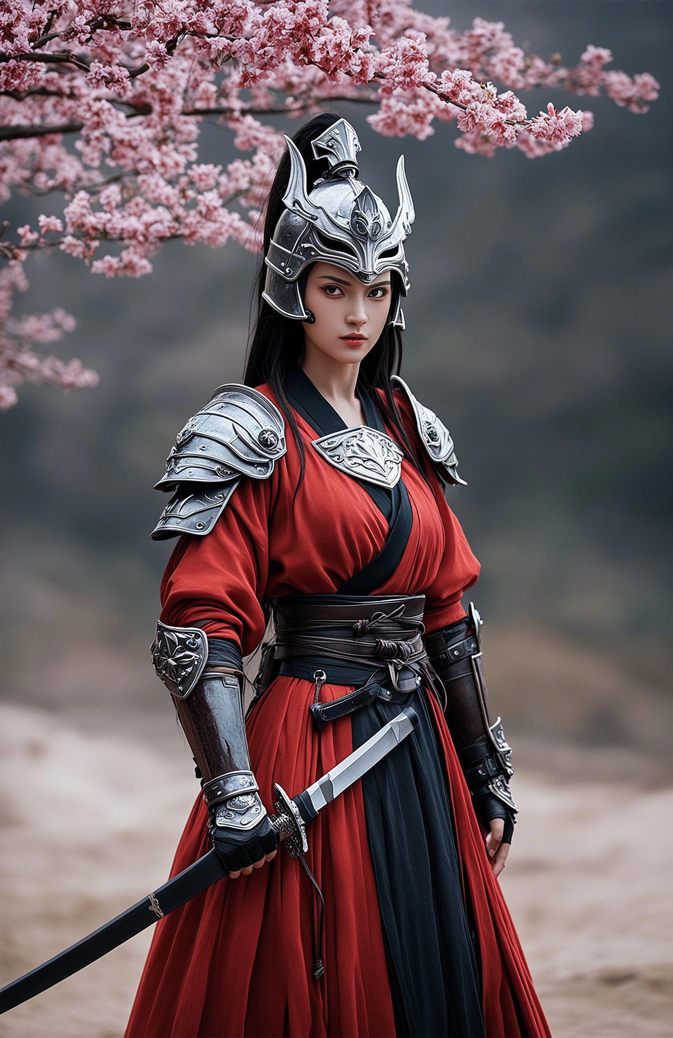 score_9,score_8_up,score_7_up,score_6_up,score_5_up,hanfu, The Japanese female warrior's attire is both elegant and functional. Her smooth helmet is engraved with waves and cherry blossoms, revealing her beautiful visage as it lacks a visor. The armor, primarily black and deep red, features a chest plate with the family crest and broad shoulder guards that protect without restricting movement. Arm and leg guards made of leather and metal combine flexibility with protection. Beneath the armor, she wears a modified version of traditional samurai garments for ease of movement. Her katana is razor-sharp, with a hilt wrapped in non-slip cord, and the scabbard is ornate, often accompanied by small knives as secondary weapons. This gear not only showcases her combat prowess but also her identity and cultural heritage.