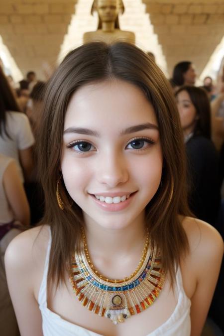 photograph of two cute girls standing in an Egyptian pyramid, surround by Hieroglyphs, wearing Egyptian outfits, (pale skin:1.4), , standing, Cleopatra look alike, innocent, Porta 160 color, shot on ARRI ALEXA 65, bokeh, sharp focus on subject, small breast, small chest, blonde,  raw photo, sensual, happy, bottomless,
film grain, medium shot, , happy, blue eyes, facial expression, two females , Egyptian-Style Jewelry, amulets and charms, Egyptian-Style Makeup, Extend the eyeliner past the outer corner of your eye lid by about 1 D2 inch, waist up shot, medium shot, tourists in photo background, egyptian scarf, audience, audience in photo, belly dancing, shy, radiant, full body shot, pharao